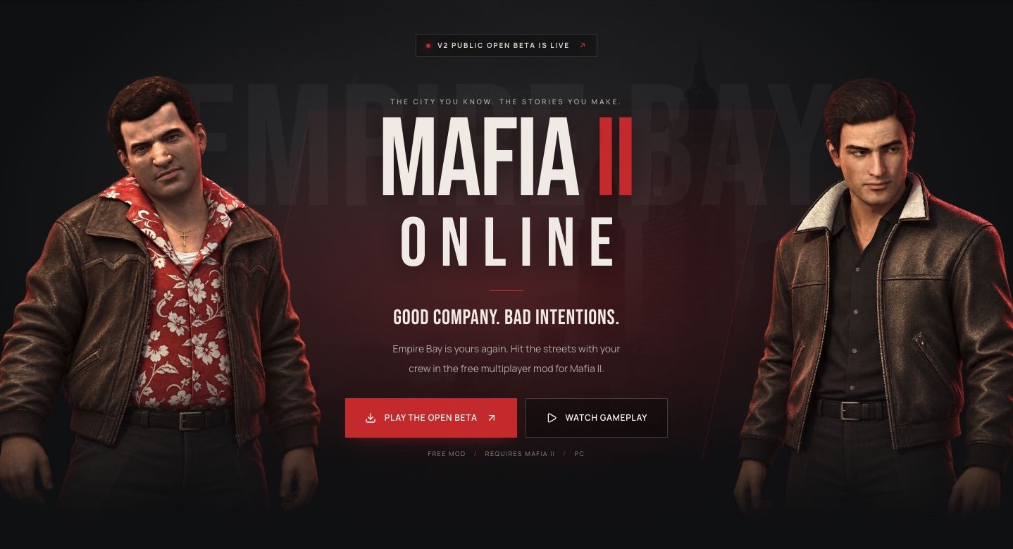 Mafia 2 Online website hero featuring Joe and Vito